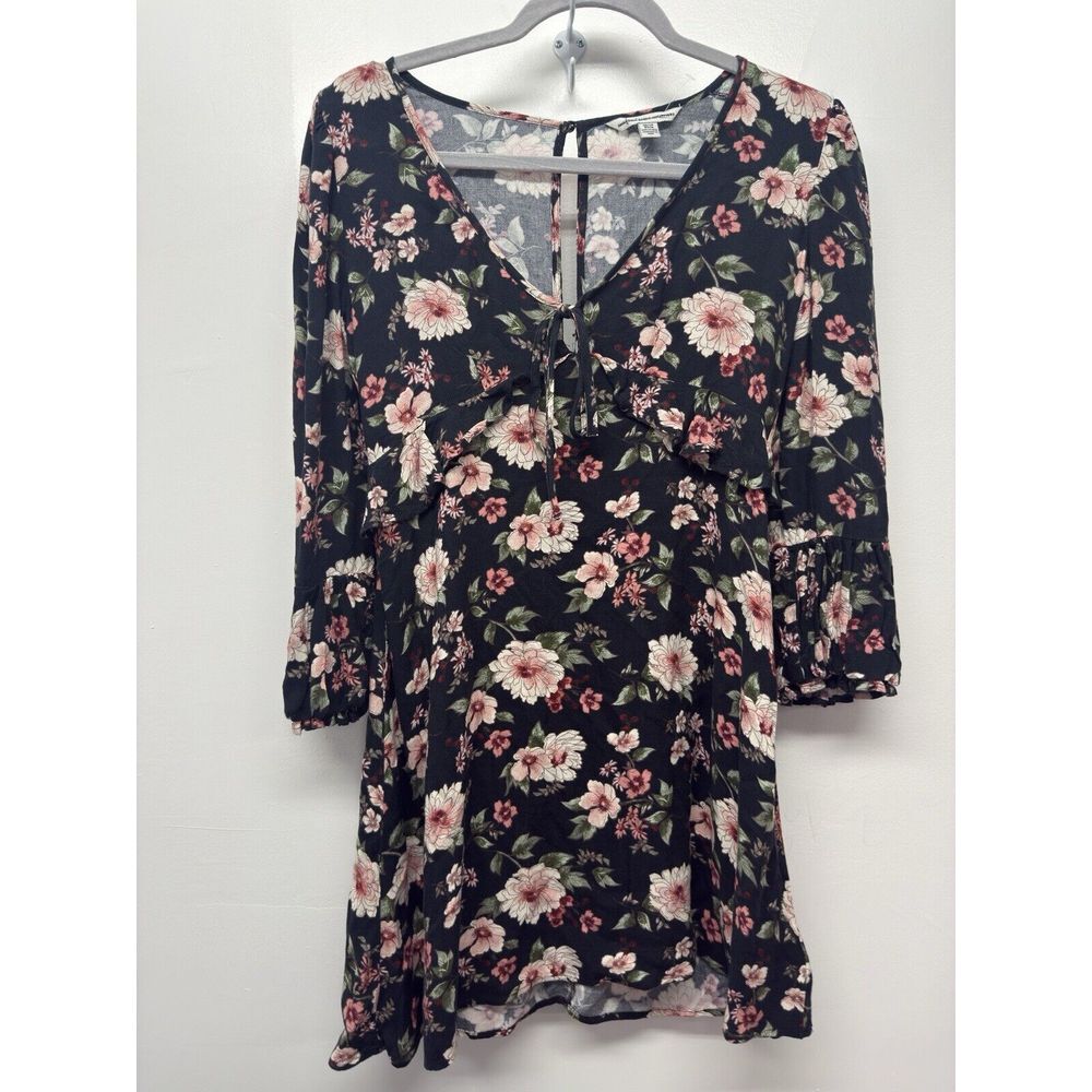 American Eagle Dress Women's XS Black Floral Mini Pullover #29‎